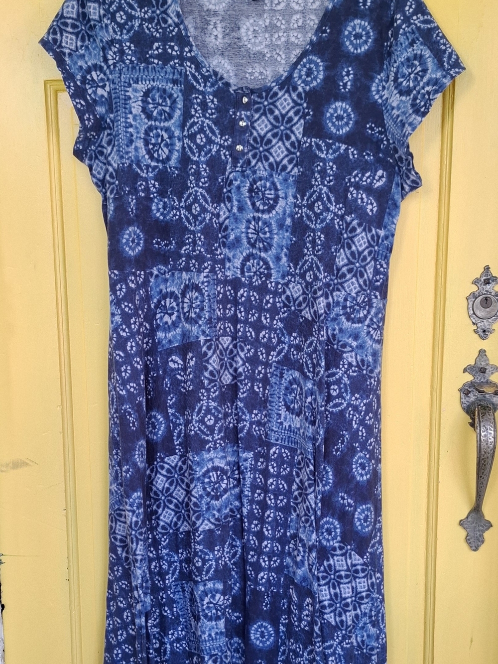 Chaps Indigo Tie-Dye Patchwork V-Neck Casual Dress